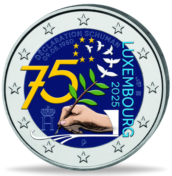 2 Euro 75 Jahre Schuman-Erklärung, 2025, bfr., Farbappl. - Münze Vorderseite