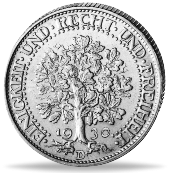 5 Reichsmark „Eichbaum - F“ 1930 - Silber - Münze Vorderseite