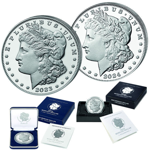 USA, Satz 1 $ Morgan 2023 & 2024 (2 Münzen), Polierte Platte - Silber