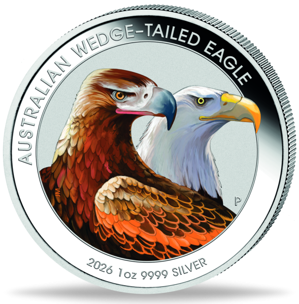 1 Dollar 1 Unze Silber Wedge Tailed Eagle 2026 befärbt - Münze Vorderseite