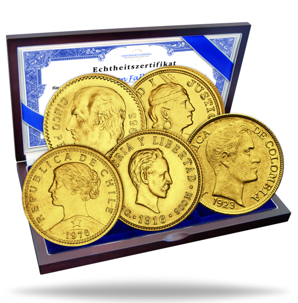 Holzkassette Suedamerika Gold Satz 2026 - 5 Münzen