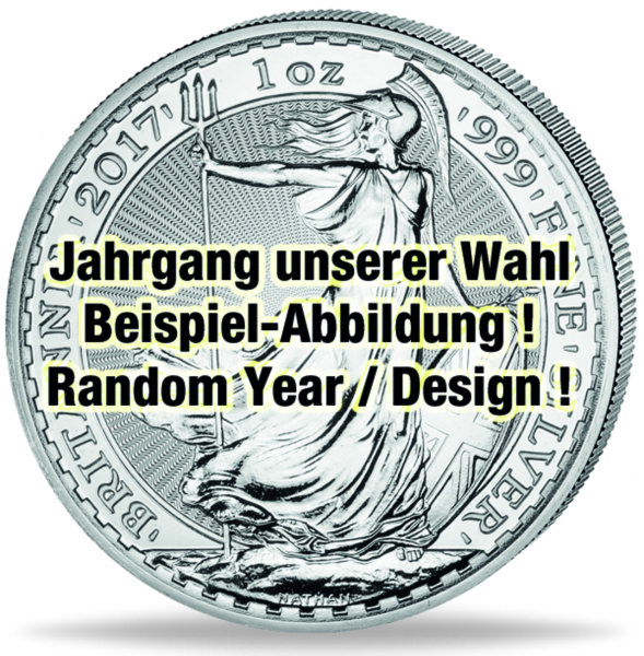 2 Pfund Britannnia 1 Unze Silber, Jahrgang unserer Wahl - Münze Vorderseite