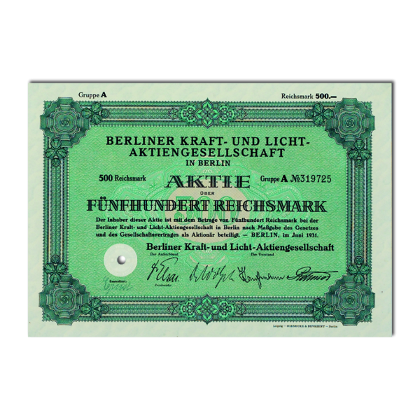 Aktie 500 Reichsmark Berliner Kraft- und Licht-AG