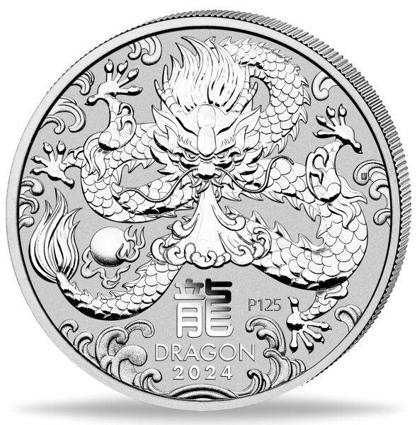 8 AUS-Dollar Jahr des Drachen Lunar III 5 Unzen Silber 2024 - Münze Vorderseite