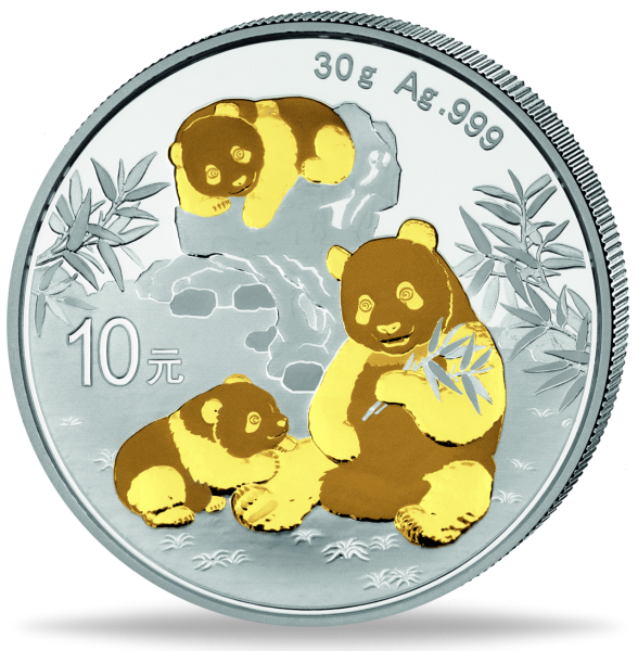 China, 10 Yuan Panda mit Goldveredelung, 2025 Silber - Münze Vorderseite