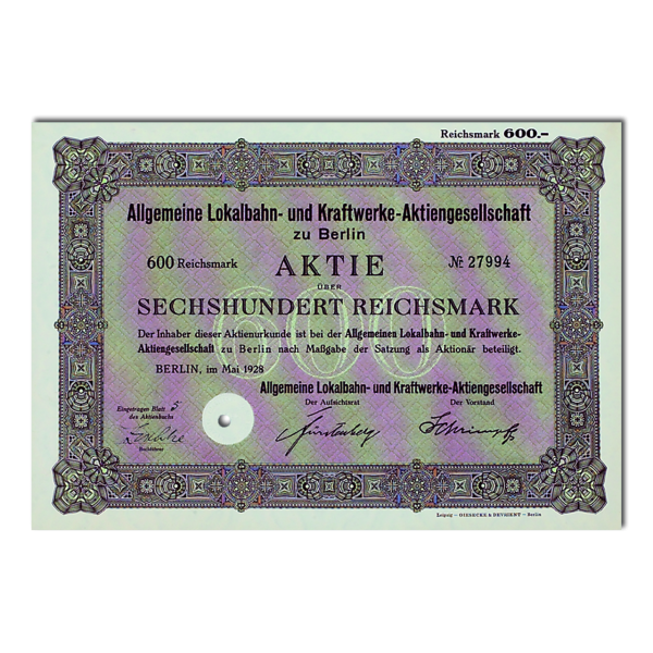 600 Reichsmark Allgmeine Lokal- und Straßenbahn-Gesellschaft Berlin - Aktie