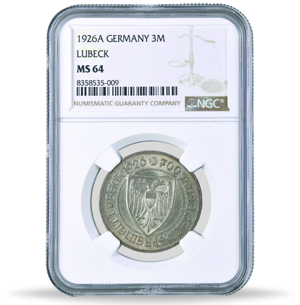 3 RM 1926 (J.323), 700 Jahre Reichsfreiheit Lübeck, NGC MS64 - Münze Slab VS