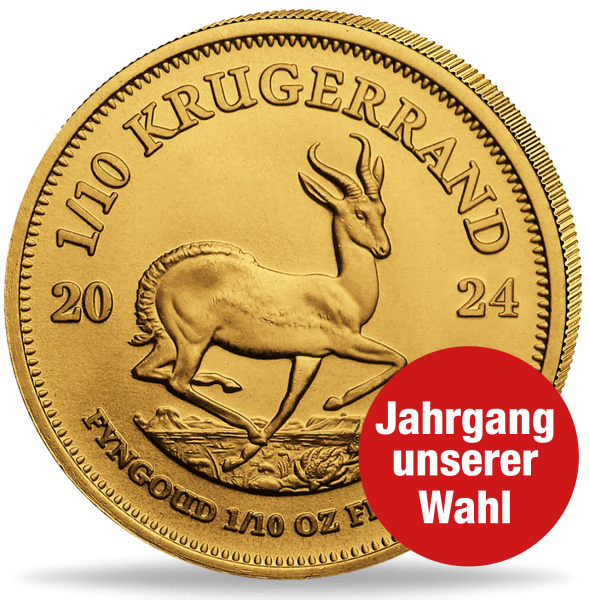 Krügerrand 1/10 Unze Gold, Jahrgang unserer Wahl - Münze Vorderseite