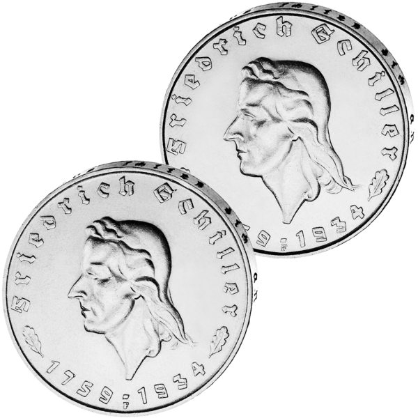 Drittes Reich, 2 RM und 5 RM Schiller, 1934, Silber, ss/vz - Satzbild