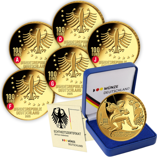 5x 100 Euro Aus dem Leben eines Taugenichts, 2025, Gold, A-J - Satzbild