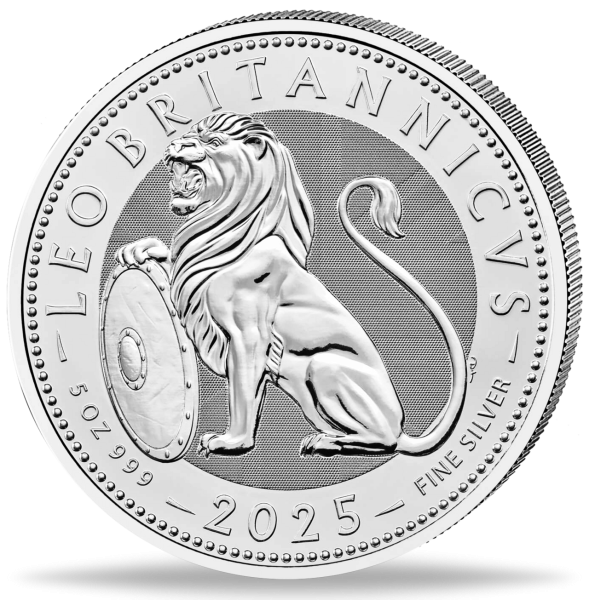 Großbritannien 10 Pfd. British Lion 2025 5 Unzen Silber - Münze Vorderseite