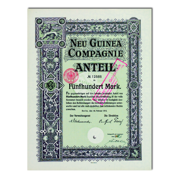 Aktie 500 Mark Neu Guenea Compagnie Berlin