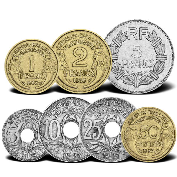3. Französische Republik, Satz 8,9 Französische Francs 1919-1947, 7 Münzen