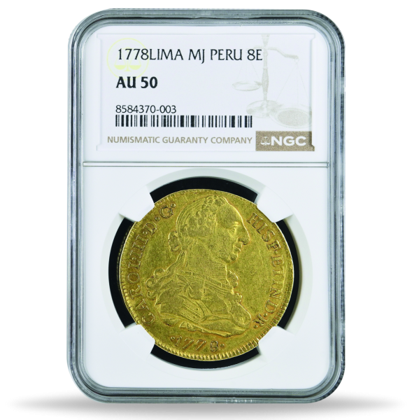 Peru, 8 Escudos 1778, König Karl III., NGC AU-50 - Slab Vorderseite