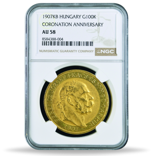 100 Kronen 1907, Krönungsjubiläum, Franz Joseph I., NGC AU-58 - Slab Vorderseite