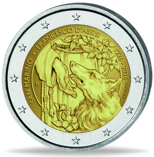 San Marino, 2 Euro Franz von Assisi, 2026, bfr., in Coincard - Münze Vorderseite