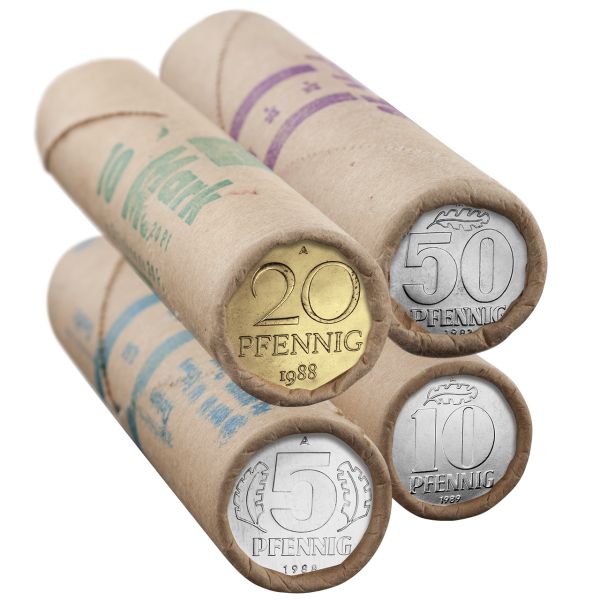 DDR, Satz 4 Original-Rollen von DDR-Kursmünzen zu 5, 10, 20 & 50 Pfennig