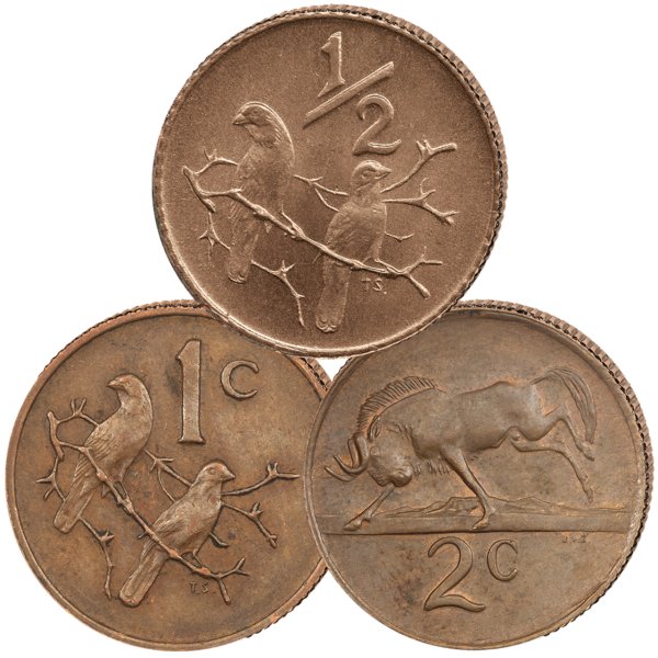 Südafrika, Satz 2, 1 & 1/2 Cents 1970-1990 (3 Mz.) - Bronze