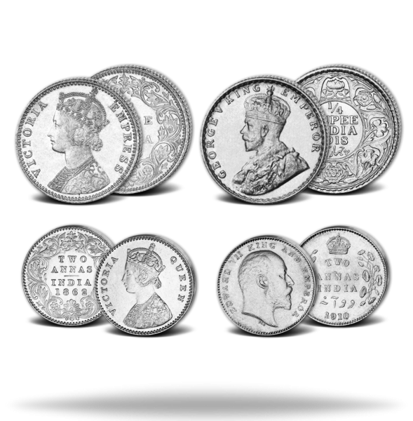 4x Mz 2x2 Annas und 2x1 4 Rupie Kaiser Indien - Gruppenbild