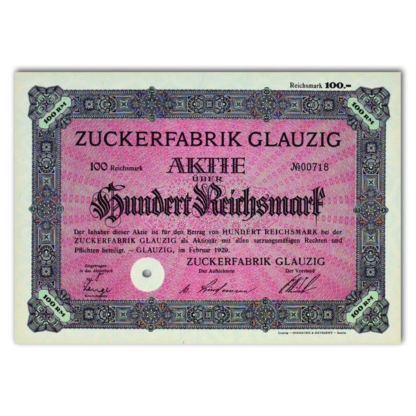 Aktie 100 Reichsmark Zuckerfabrik Glauzig - Vorderseite