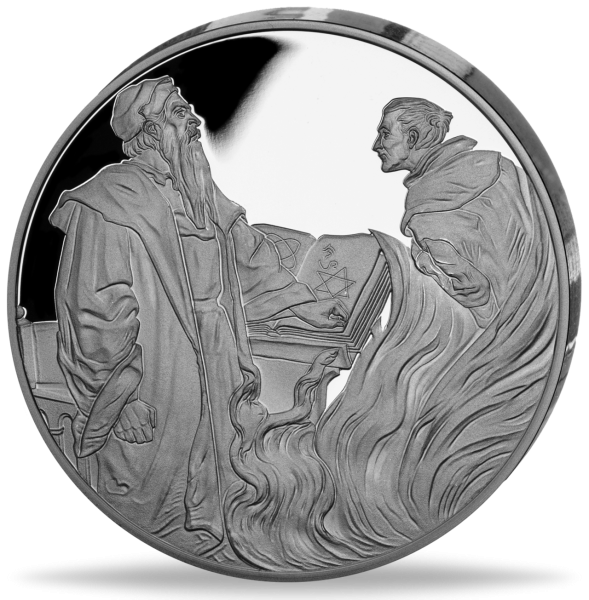 Silber-Gedenkprägung Faust-Mephisto gebürsteter Stempelglanz- Münze Vorderseite