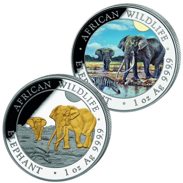 Somalia 2x 100 Sh. Elefant 2026 Farbapplikation & Goldveredelung - Satz