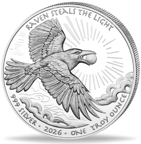 USA, 1 Dollar Raven steals light 2026, 1 Unze Silber - Münze Vorderseite