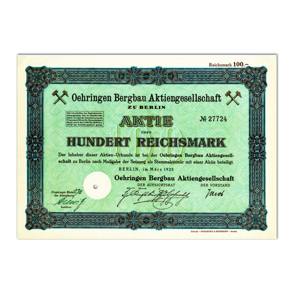 Aktie 100 Reichsmark Oehringen Bergbau AG, Berlin