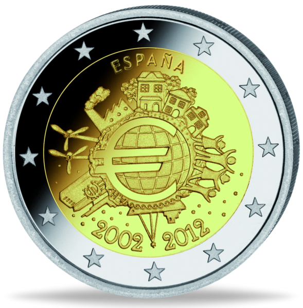 2 Eur 10 Jahre Euro-Bargeld in Spanien - Münze Vorderseite