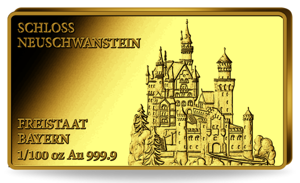 Anlage-Barren 1/100 Unze Gold Bayern - Schloss Neuschwanstein - Vorderseite