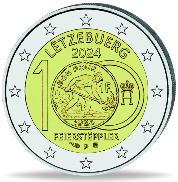 Luxemburg, 2 Euro 100 Jahre Franc mit Stahlarbeiter-Motiv - Münze Vorderseite
