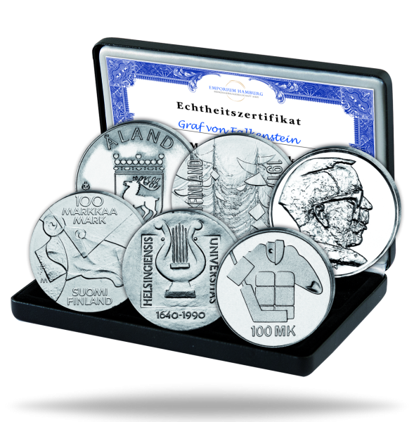 6 x 100 Finnische Markka Silber - Satzbild