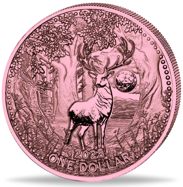 1 Dollar 2025, „White Deer“, 5 Unzen Kupfer - Polierte Platte - Münze Vorderseit