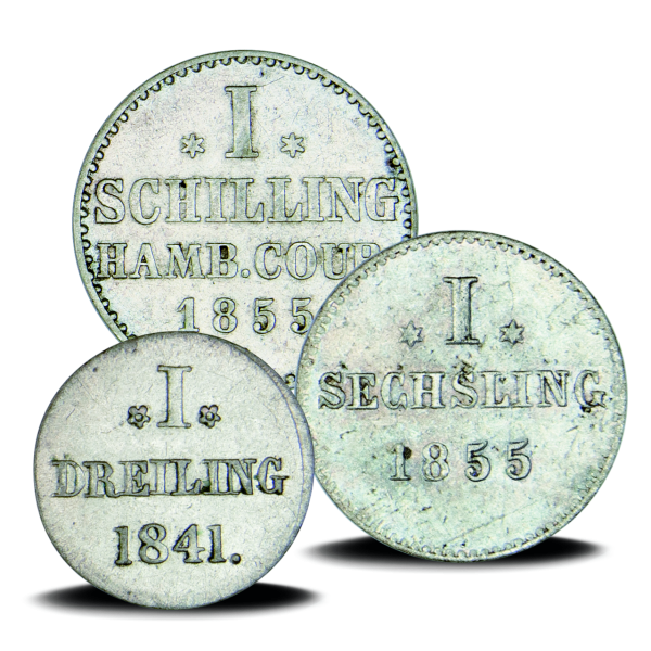 Hamburg, 3er-Silber-Satz 1823-1855, Dreiling, Sechsling und Schilling