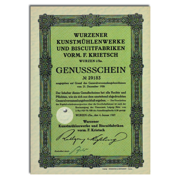 Genuss-Schein Wurzener Kunstmühlen 1927
