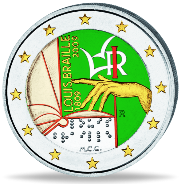 2 Euro Louis Braille Farbe Vergoldet - Vorderseite Münze