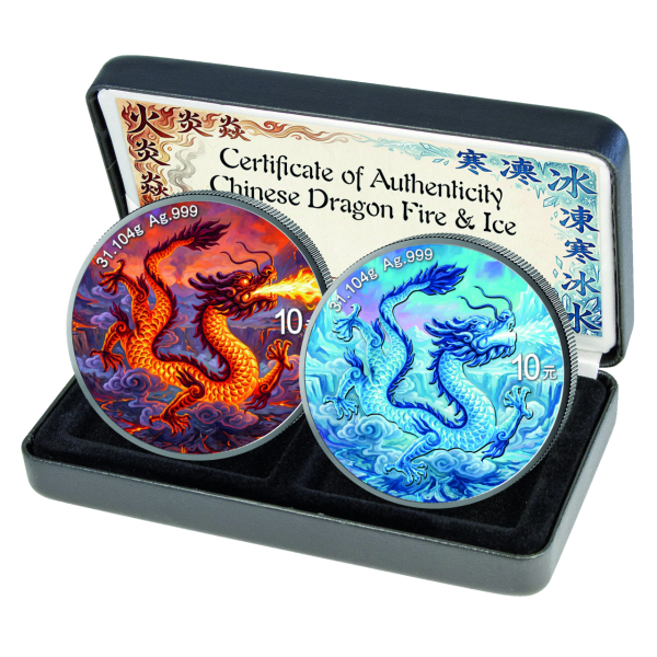 2x 10 Yuan Dragon Fire & Ice 2 Unzen Silber mit Farbappl. 2026 - Satzbild
