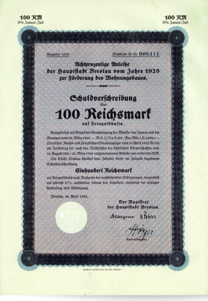 Aktie 100 Reichsmark Schuldverschreibung der Stadt Breslau