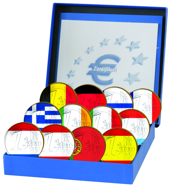 Komplettangebot mit 12x 1 Euro, bfr., mit Farbapplikation - Kassette offen