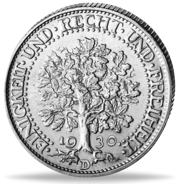Weimarer Republik, 5 Reichsmark Eichbaum 1930, Prägebuchstabe A (J.331) - Silber