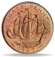 Großbritannien, 1/2 Penny 1967, Schiff Golden Hind, Queen Elisabeth II.