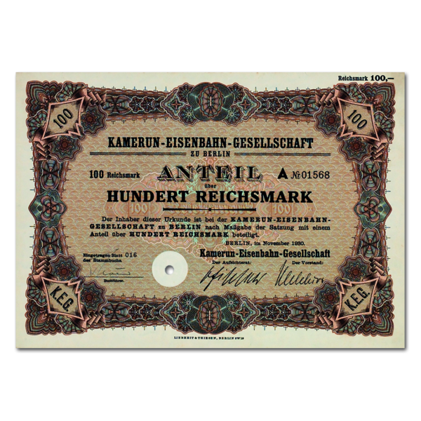 Aktie 100 Reichsmark Kamerun-Eisenbahn-Gesellschaft Berlin 1930