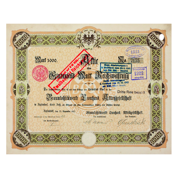 1.000 Mark „Braunkohlenwerke Leonhard AG“ - Aktie Vorderseite