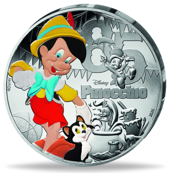 10 Euro Pinocchio, 2025, Silber, Farbappli, PP, Etui - Münze Vorderseite