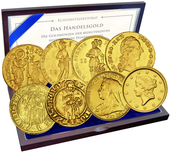Komplettsatz Handels-Gold - 8 Münzen - Holzkassette