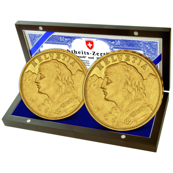 Schweiz, Goldsatz 10 + 20 Schweizer Franken Vreneli - Satzbild in Etui