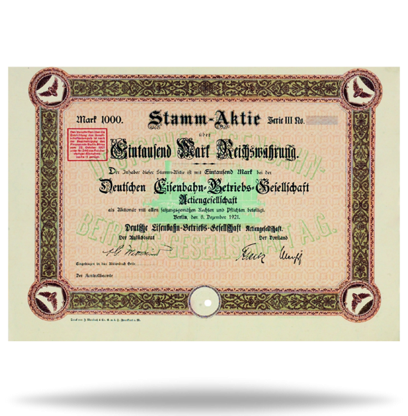 1.000 Mark „Deutsche Eisenbahn-Betriebs-Gesellschaft AG“ - Aktie Vorderseite