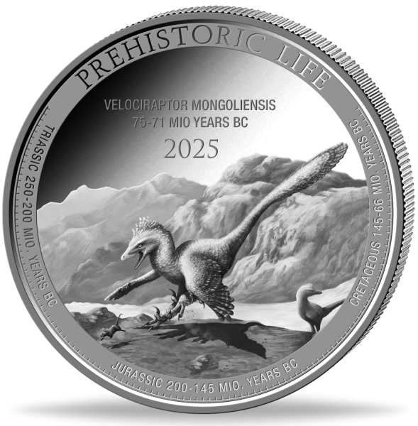 20 Francs 2025, Velociraptor Prehistoric Life II, 1 Unze Ag - Münze Vorderseite