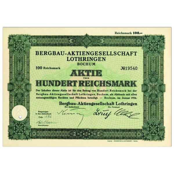 100 Reichsmark Bergbau AG Lothringen, Bochum - Aktie