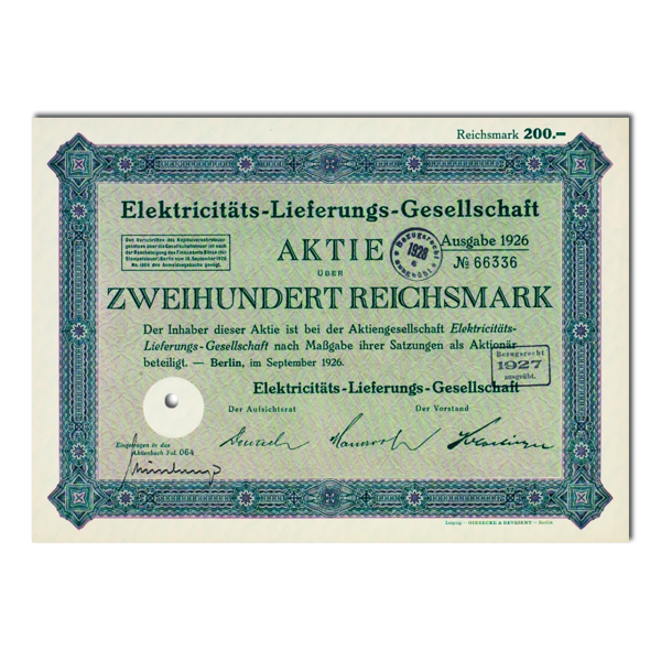Aktie 200 Reichsmark Electricitäts-Lieferungs-Gesellschaft Berlin